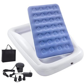Inflatable Kids Travel Bed Toddler Air Mattress Set,Portable Blow Up Mattress Sleeping Bed Cot with Bed Rails and Electric Pump Ideal for Road Trip