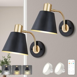 Troconce Black & Gold Wireless Battery Operated Wall Sconces Set of 2, Cordless Battery Powered Led Wall Lights with Remote & Bulb, Not Hardwired Dimmable Battery Wall Lamp Fixture for Room Decor