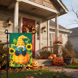 ROTERDON Fall Gnome Garden Flag 12x18 Inch, Welcome Autumn Sunflower Garden Flags Double Sided for Outside, Party Holiday Burlap Farmhouse Yard Outdoor Decoration