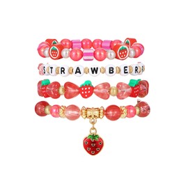 coadipress Strawberry Bracelets for Women Cute Strawberry Summer Surfer Heishi Layering Bracelet Set Pink Stackable Clay Ploymer Bead Stretch Beach Bracelets (Pink Heart B St)