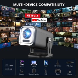 Mini Projector With WIFI 6 and Bluetooth 5.4, Update Portable Projector Support with Full HD 4K 1080P, 300 ANSI, Auto Focus & Keystone, 35"-130" Screen Video Projector for Home Bedroom Outdoor, Black