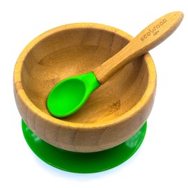 Ecowood® Tazón/Plato Hondo/Bowl de Bambú para Bebe y Niño - Con Base de Silicona Succión Adherente y Antiderrapante (Verde)