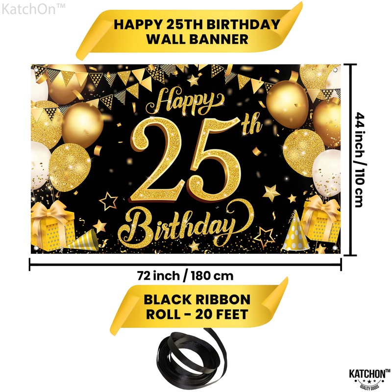 25th Happy Birthday Black Wall Banner,Glitter