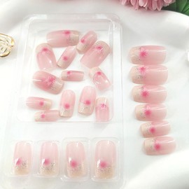 White French Tip Press on Nails Medium Square False Nails with Flower Design Nails Press ons Glossy Glue on Nails Glitter Acrylic Nails Light Pink Artificial Stick on Nails for Women 24 Pcs