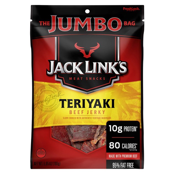 Jack Link’s Beef Jerky, Teriyaki, 5.85 oz. Sharing Size Bag – Flavorful Meat Snack, 10g of Protein and 80 Calories, Made with Premium Beef - 95 Percent Fat Free, No Added MSG or Nitrates/Nitrites