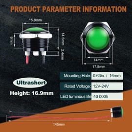 DMWD 2PCS 16mm Metal Indicator Light, 12-24V AC/DC 20mA Waterproof IP67 Single lamp LED Pilot Lamp Raised Head with Wire for Car Truck Boat (Green LED) Black Anodized Shell