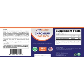 Vitamatic Chromium 1000 mcg | 365 Tablets | High Potency Chromium Picolinate | Non-GMO, Gluten Free