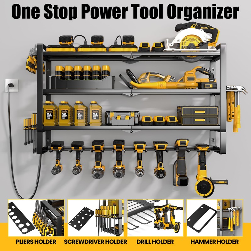 Large Power Tool Organizer Wall Mount with Charging Station for