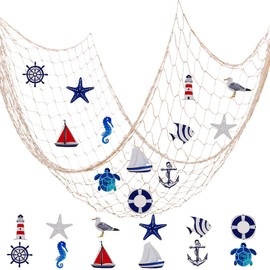 Vhxmaizxn 13pcs Nautical Fish Net Wall Decoration Nature Fishing Fishnet Wooden Decor Hangings Starfish Sailboat Lighthouse Life Ring Rudder Turtle Decorative Party Wedding