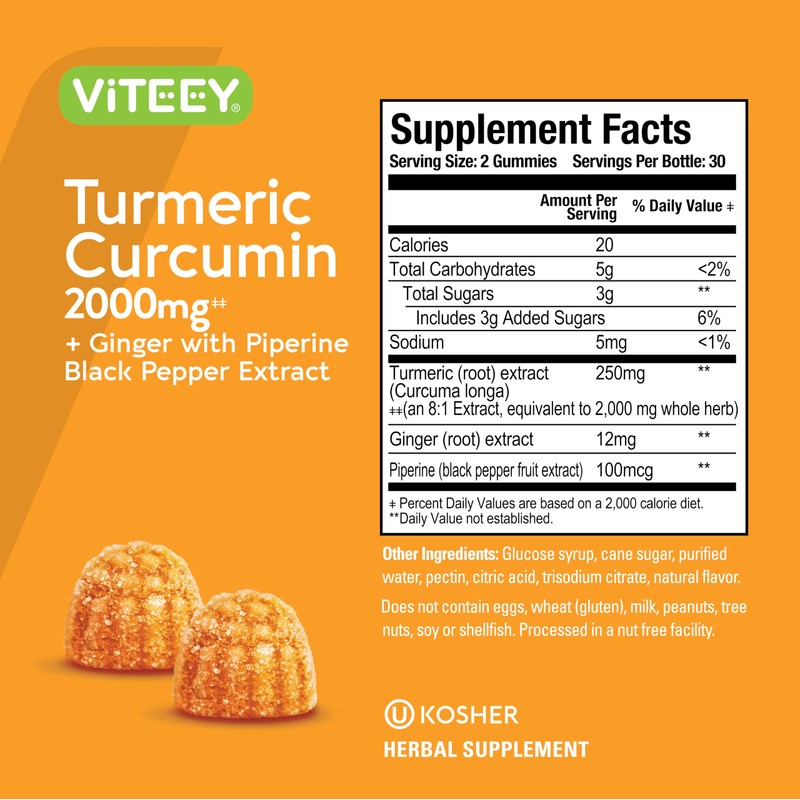 Viteey Turmeric Gummies with Turmeric Curcumin 2000mg, Ginger & Black