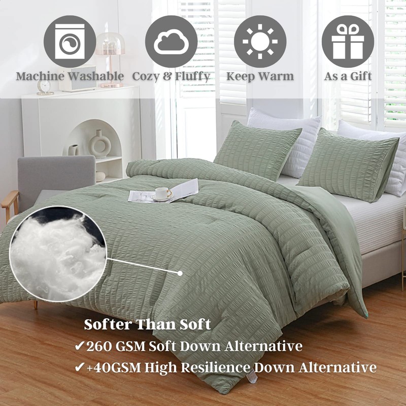 Haowaner Soft Sage Comforter Set Queen, 3 Pcs Sage Green