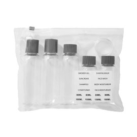 Travel Size Toiletries Set, 5 Clear Bottles, 80-100 ml, for Shower Gel, Shampoo, Conditioner, Face Wash, Moisturiser
