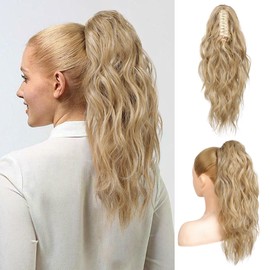 FLUFYMOOZ Ponytail Extension, 18 Inch Claw Clip Ponytail Extension, Wavy Curly Claw Clip in Ponytail Hair Extensions, Natural Fake Ponytail Synthetic Hairpiece for Women (Golden Blonde with Highlight)