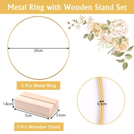 Svalor Pack of 5 Gold Metal Rings for Crafts, with 5 Wooden Stands, 25 cm Metal Ring with Wooden Stand, Metal Ring Macrame Rings, Wire Rings for Crafts, Wedding Wreath Decoration, DIY etc.