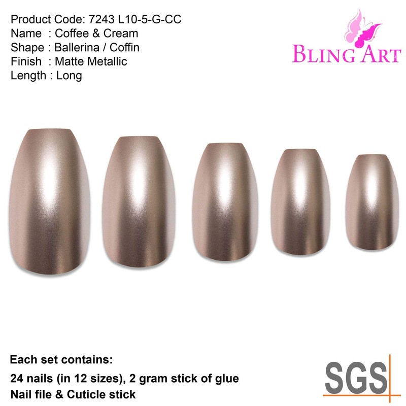 Bling Type False Nails Beige Metallic Ballerina Coffin 24 False Nails