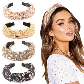 DRESHOW 4 Pack Headbands for Women and Girls Flower Printed Knotted Plastic Head Band Fashion Boho Wide Hairbands Non Slip Hair Accessories