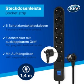 REV REV Steckdosenleiste Ice - Mehrfachsteckdose mit Schalter 6fach, Kabel 1,4m, 3680W, schwarz