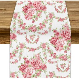 Camino de mesa de flores de acuarela, camino de mesa de primavera, flores rosadas, bufandas, decoración para jardín, boda, día festivo, cena, hogar, 13 x 120 pulgadas