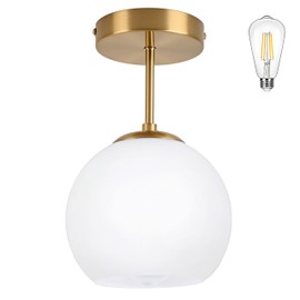 Bagood Gold Semi Flush Mount Ceiling Light Fixture Milk Glass Light Fixture Mid Century Flush Mount Ceiling Light Brass Flush Mount Ceiling Light Schoolhouse Light Fixture for Dining Room(Bulb Incl.)