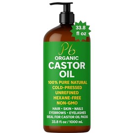 Pomberries Organic Castor Oil – Bulk Size 33.8 fl oz | 100% Pure, Cold-Pressed, Hexane-Free, Unrefined | For Hair Growth, Eyelashes, Eyebrows, Skin Moisture & Castor Oil Packs | Non-GMO, Vegan
