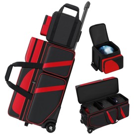 4 Ball Bowling Bags with Wheels, Bowling Ball Bag with Multi-Pockets,4 Ball Bowling Bag with Secure Buckle Fixed Ball Cup & Shoe Compartment,3 Ball Bowling Bag+1 Ball Color Matching Add On Tote (red)
