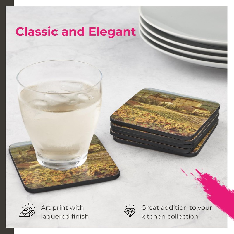 Pimpernel Tuscany Coasters, Set of 4 – 4" Square Cork-Backed