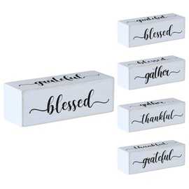 Jetec Wooden Decor Sign - Four-Sided Inspirational Block, 'Blessed', 'Gather', 'Thankful', 'Grateful', Rustic Farmhouse Style, 15 x 5 x 5 cm, Office Signage