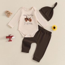 Loalirando Newborn Baby Boy Farm Spring Outfits Letter Tractors Embroidery Long Sleeve Rompers Elastic Pants Hat Coming Home 3Pcs Clothes Set (Brown, 3-6 Months)