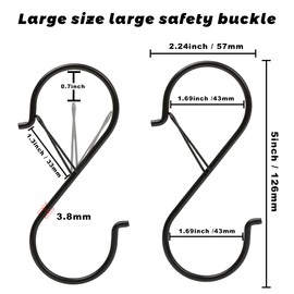 Ansxiy 6 Pack 5 Inch S Hooks for Hanging, Heavy Duty S Hooks with Safety Buckle, S Shape Hooks for Hanging Kitchen Utensils, Pots and Pans, Cups, Plants, Clothes and Bags, Black