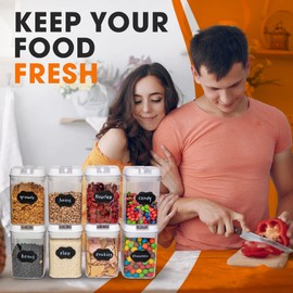 Cheer Collection Airtight Food Storage Containers for Kitchen Organization - Set of 8 Identical 28oz Pantry Organizer Storage Bins with Lids - BPA Free with Markers and 24 Reusable Labels – White