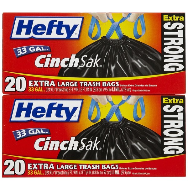 Hefty E86725 33 Gallon Cinch Sak Large Trash Bags 20 Count - 2 Pack
