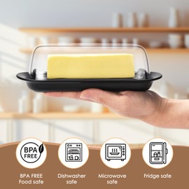 Butter Dish with Clear Lid, Butter Keeper for Countertop, Airtight Butter Dish, Plastic Butter Keeper Tray for West/ East Coast Butter, Dishwasher Safe(Black)
