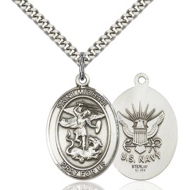Bliss Sterling Silver Saint Michael / Navy Medal Pendant Necklace 24" Chain PrayerCard