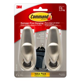Command Large Forever Classic Metal Hook, Brushed Nickel, 2-Hooks, 4-Strips, Decorate Damage-Free