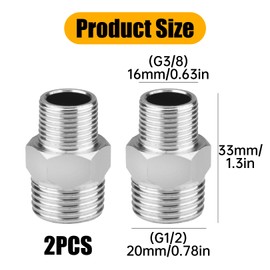 2 Pcs Shower Hose Connector,Stainless Steel 1/2 Fittings Reducing 3/8 Nipple Shower Connectors Water,Male to Female Threaded Connector Shower Head Adapter Accessories for Home Kitchen and Bathroom