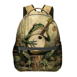 MIEPOS Frog Playing Banjo Backpack, Whimsical Forest Polyester Backpacks,Lightweight Double Shoulder Back Pack for Teens Adults,Music Retro Bookbag,School Bag Gifts,Casual Travel Daypack Book Packs