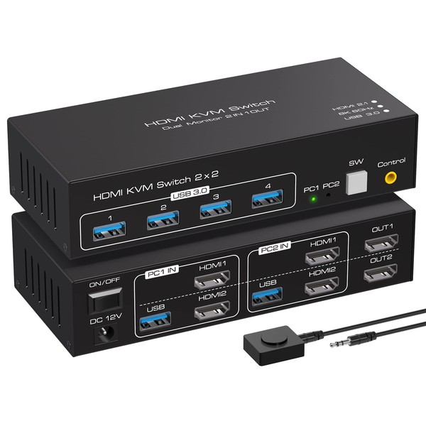 VPFET HDMI KVM Switch 2 Monitors 2 Computers 4K120HZ 8K60HZ KVM Switcher for 2 Computers Share 2 Monitors and 4 USB 3.0 Support Copy and Extend Mode Includes Desktop Control and Power Adapter