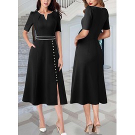 VFSHOW Womens Pleated Notch V Neck Buttons Pockets Work Business Front Split Professional Office Church Slim A-Line Midi Dress (Black, Medium) 11265 BLK M