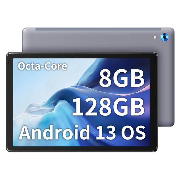 Fullant Android 13 Tablet, 10 Inch Tablet, HD 1280 x 800 IPS, Octa-Core Processor, 8GB RAM + 128GB ROM, WiFi, Bluetooth (Grey)