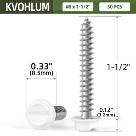 #8 x 1-1/2" Self Tapping Gutter Screws, 50 PCS White Painted Hex Head Self Piercing Screws, Slotted Hex Washer Head Sheet Metal Screws, Hex Bit Socket Included