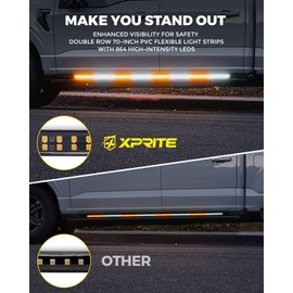 Xprite 2PCS 70 Inch 864 LED Emergency Warning Strobe Safety Lights Strip, Running Board Flexible Side Marker Light Strips for Trucks, Construction Vehicles, Pickup, SUV, Jeep.(Amber & White)