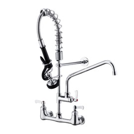 Double Handle Pre-Rinse Commercial Kitchen Faucet with Ceramic Valve 8" Center Wallmount Base Lever Handles and Pull Out Spray with 9.6" Add-on Swing Spout 25" Height Faucet