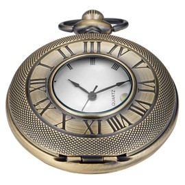 Realpoo Bronze Hollow Roman Digital Pocket Watch Cover for Men, Calendar Roman Dial Men's Quartz Pocket Watch with Chain-Bronze