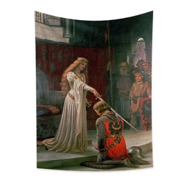 YongFoto 100 x 150 cm Knight Oil Painting Tapestry, Medieval England Vintage Leighton Tapestry, Royal Nobility, Queen, Prince, Cavalier, Sword Art Decor for School, Library, Living Room
