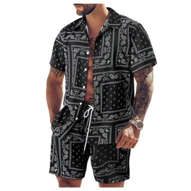 WDIRARA Men's 2 Piece Set Paisley Print Button Down Shirt Shorts Outfits Vacation Set Black XX-Large