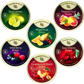 Cavendish and harvey variety flavor hard candy drops sour cherry, wild berry, tropical fruit, sour lemon, raspberry and peach, mixed fruit and other flavors tins 6 Pack by snackwave to cavendish and harvey variety flavor hard candy drops