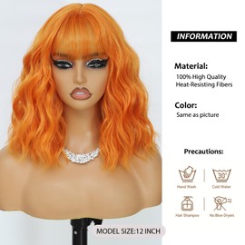 Monaluxe 12 Inch Short Wavy Wig with Bangs Short Orange Bob Wigs for Women Wavy Bob Wig with Bangs Synthetic Natural Looking Heat Resistant Wigs