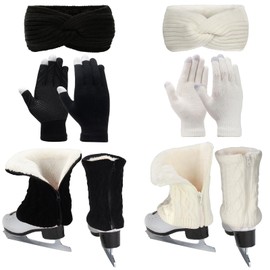Regilt 2 Sets Figure Skating Leg Warmers Gloves Headband Set Zipper Fleece Lined Leg Warmers Socks for Ice Skating, Black&white-short, Medium