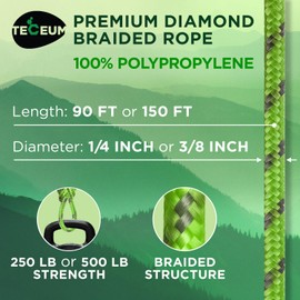 TECEUM Rope – 90 Feet x 1/4 Inch (7mm) – Green Gray – Strong All-Purpose Utility Rope – Camping, Crafting, Flag Pole, Indoor & Outdoor – Polypropylene Nylon Poly Lightweight Diamond Braided Cord