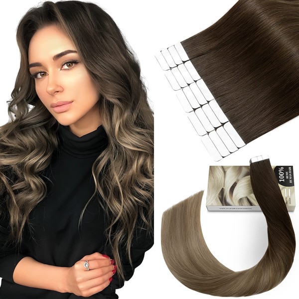 Elailite Tape-In Real Hair Extensions, 20 Pieces, 50 g, Silky Tape-In Extensions Real Hair for Women, 14 Inches (35 cm), 50 g, #2T6P18